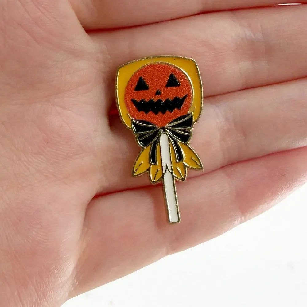 Halloween Pumpkin Lollipop Enamel Pin Cute Jack O Lantern Spooky Candy